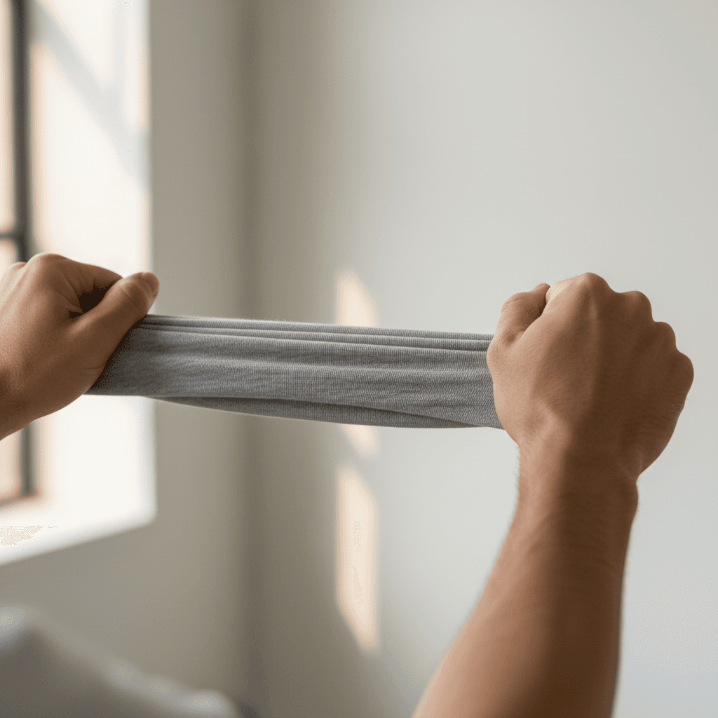 Tangan meregangkan kain kaos cotton combed yang elastis
