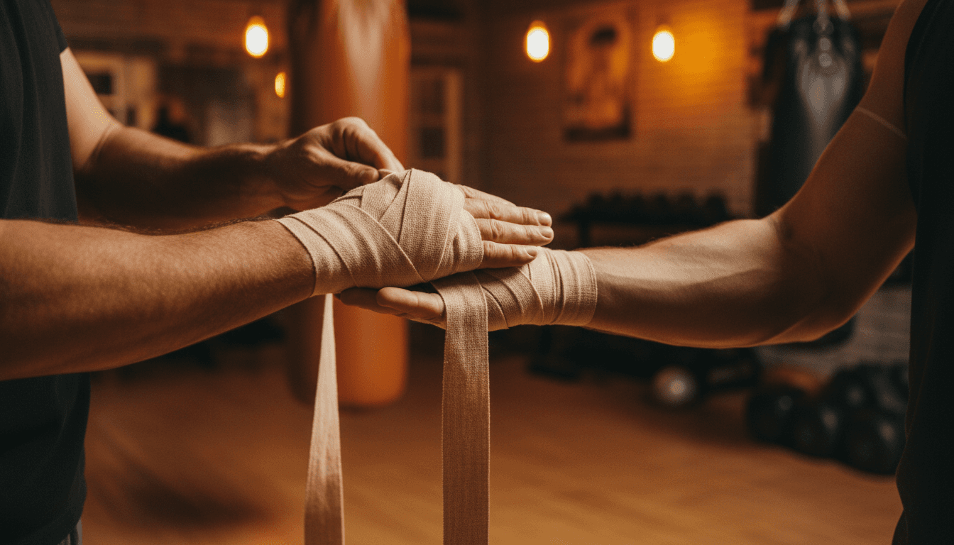 Tangan peserta latihan dibungkus dengan hand wraps sebelum memulai sesi pelatihan Muay Thai