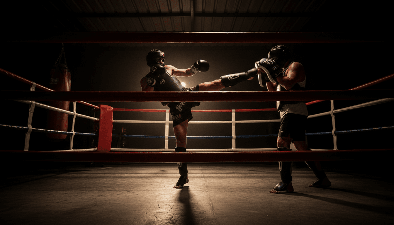 Atlet Muay Thai melakukan tendangan tinggi dengan teknik sempurna di ring pelatihan