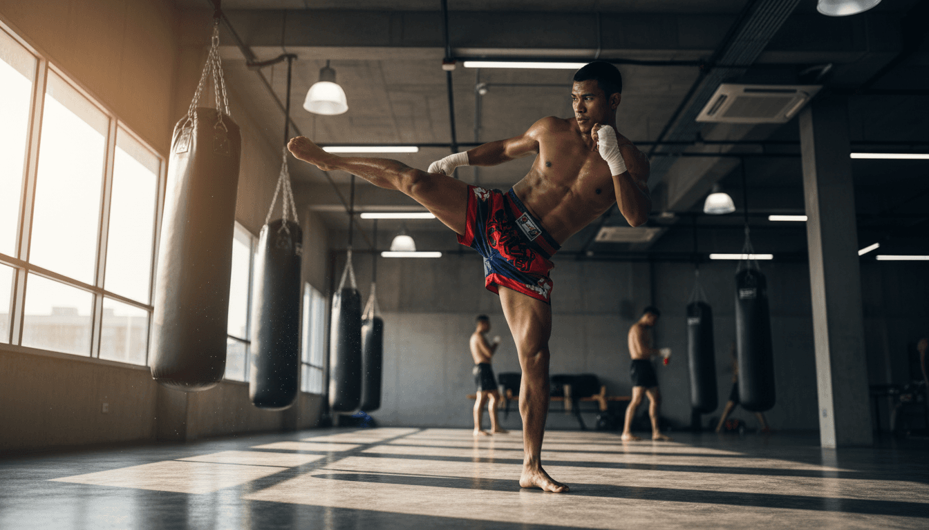 Atlet Muay Thai melakukan tendangan kuat dengan fokus dan disiplin di gym modern Otanaha Muay Thai