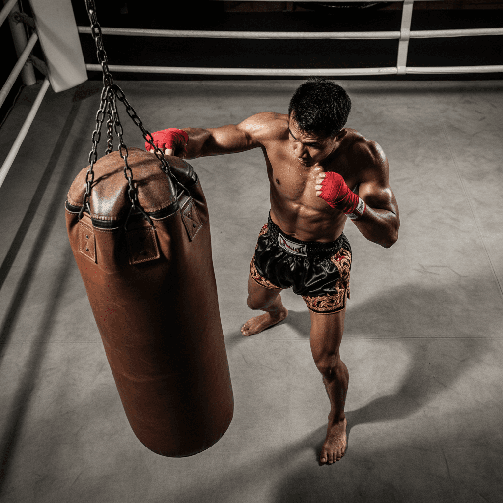 Pelatih Muay Thai melakukan latihan kombinasi pukulan di heavy bag dengan fokus intensitas