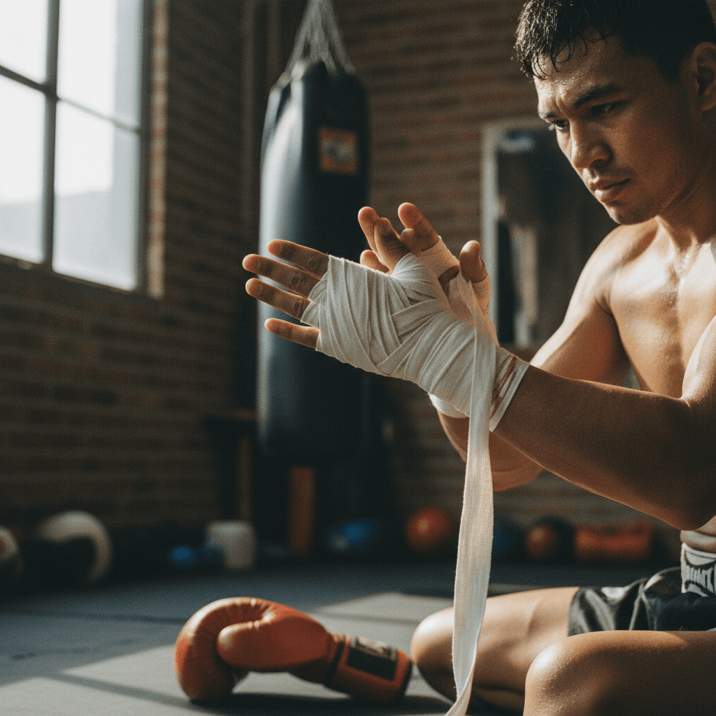 Peserta pelatihan membungkus tangan dengan hand wraps sebelum memulai sesi latihan