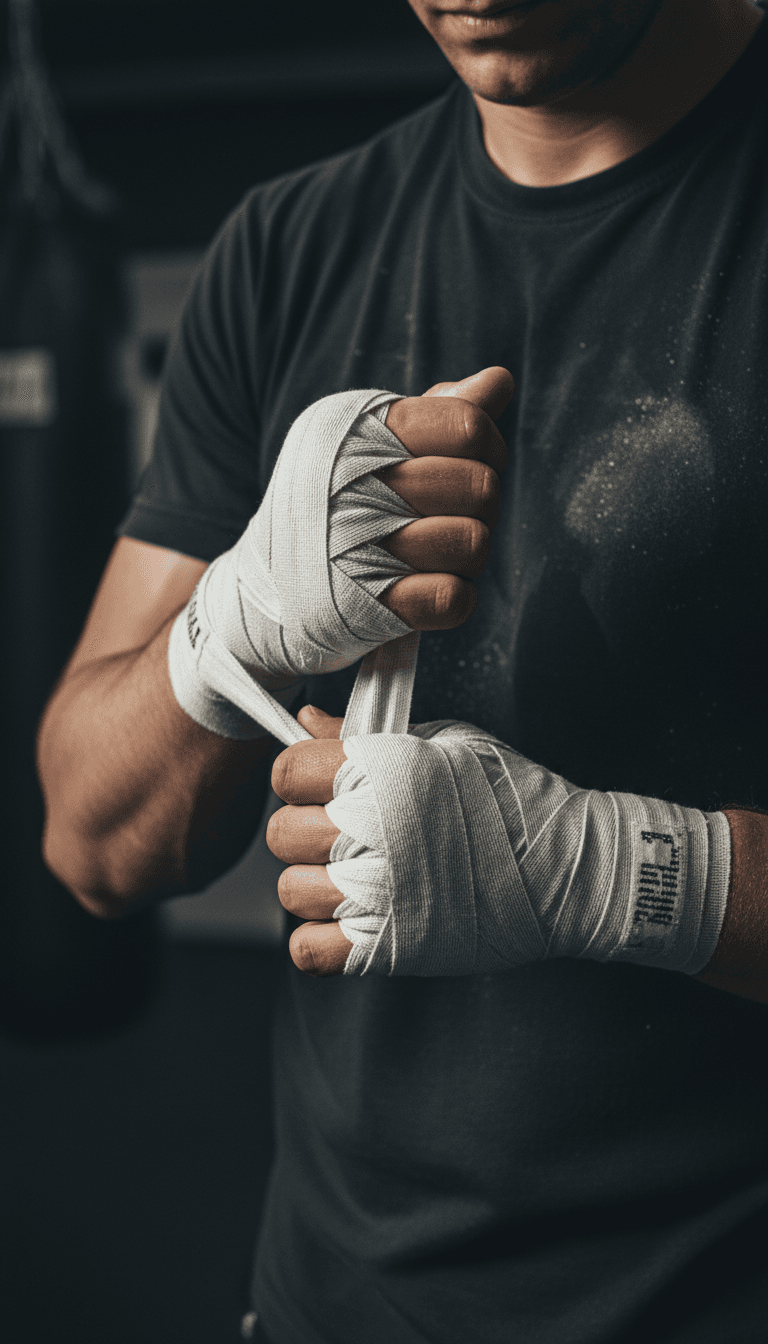 Detail sarung tangan dan perlengkapan pelatihan Muay Thai