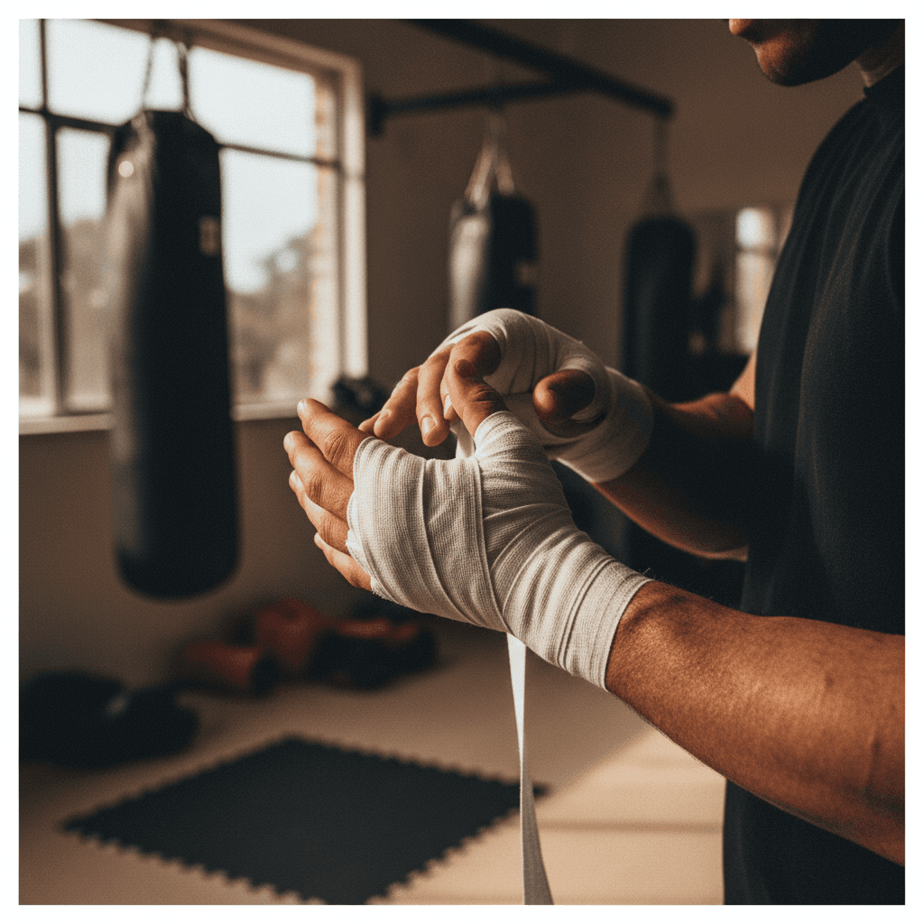 Fighter's hands wrapping tape around knuckles in bright gym setting, pre-training preparation