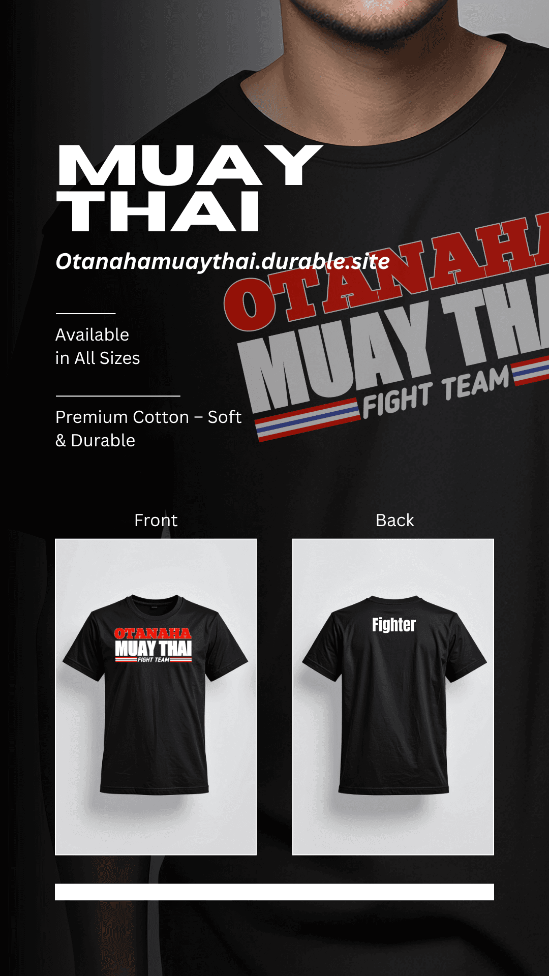 Kaos hitam Otanaha Muay Thai, desain logo tim di depan dan tulisan Fighter di belakang.