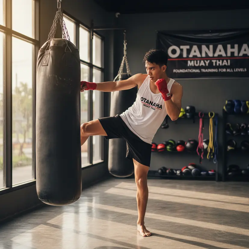 Pria berkaus putih melakukan serangan lutut ke samsak hitam di sasana Muay Thai Otanaha.