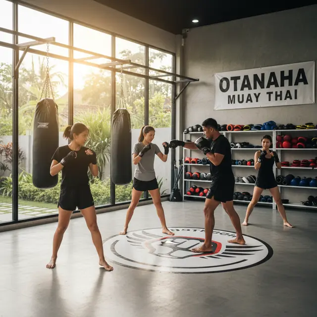 Tiga wanita berlatih Muay Thai bersama pelatih di sasana yang dilengkapi samsak dan jendela besar.
